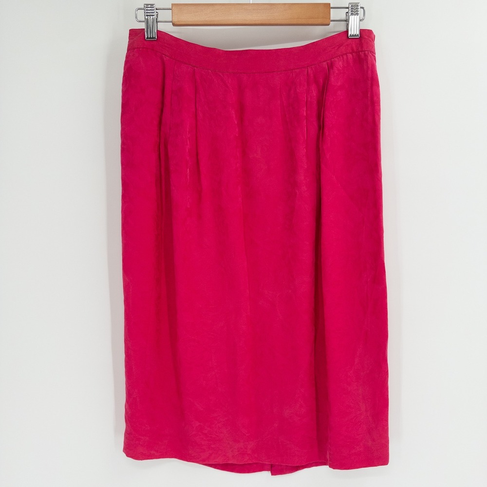 Vintage 90s Hot Pink Silk Skirt Womens 10 Midi Floral Jacquard Barbiecore